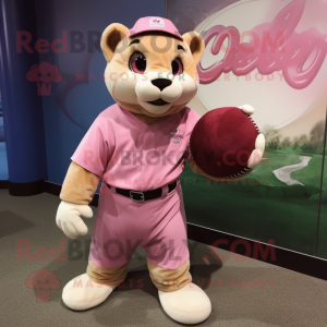 Pink Mountain Lion mascot costume character dressed with a Baseball Tee and Handbags