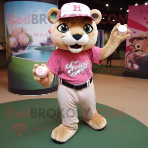 Pink Mountain Lion mascot costume character dressed with a Baseball Tee and Handbags
