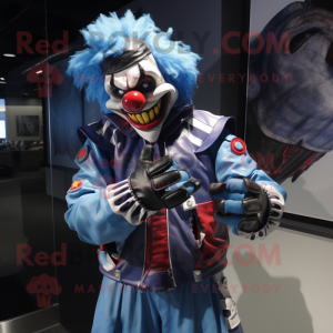 Blue Evil Clown mascot costume character dressed with a Moto Jacket and Scarf clips