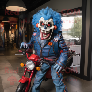 Blue Evil Clown mascot costume character dressed with a Moto Jacket and Scarf clips