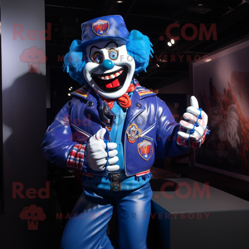 Blue Evil Clown mascot costume character dressed with a Moto Jacket and Scarf clips Blue Evil Clown mascot costume character dressed with a Moto Jacket and Scarf clips