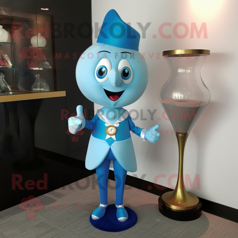 Sky Blue Hourglass mascot costume character dressed with a Bodysuit and Lapel pins Sky Blue Hourglass mascot costume character dressed with a Bodysuit and Lapel pins