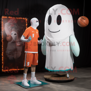 Rust Beluga Whale mascot costume character dressed with a Board Shorts and Rings