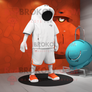 Rust Beluga Whale mascot costume character dressed with a Board Shorts and Rings
