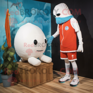 Rust Beluga Whale mascot costume character dressed with a Board Shorts and Rings