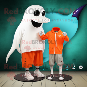 Rust Beluga Whale mascot costume character dressed with a Board Shorts and Rings