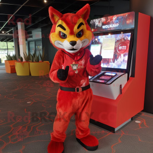 Red Lynx mascot costume character dressed with a Cover-up and Wallets