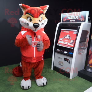 Red Lynx mascot costume character dressed with a Cover-up and Wallets