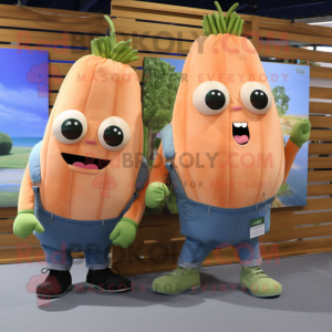 Peach Asparagus mascot costume character dressed with a Denim Shorts and Messenger bags