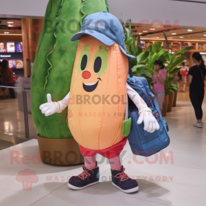 Peach Asparagus mascot costume character dressed with a Denim Shorts and Messenger bags