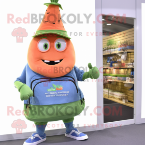 Peach Asparagus mascot costume character dressed with a Denim Shorts and Messenger bags