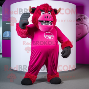 Magenta Buffalo mascot costume character dressed with a Bodysuit and Gloves