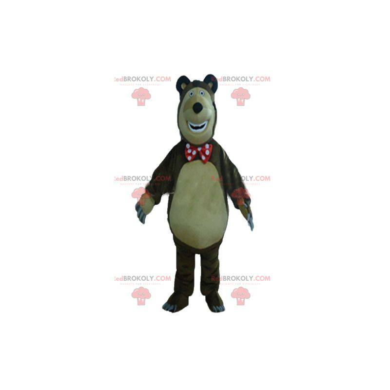 Mascote grande urso marrom e bege, gordo e engraçado -