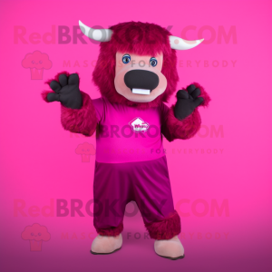 Magenta Buffalo mascot costume character dressed with a Bodysuit and Gloves