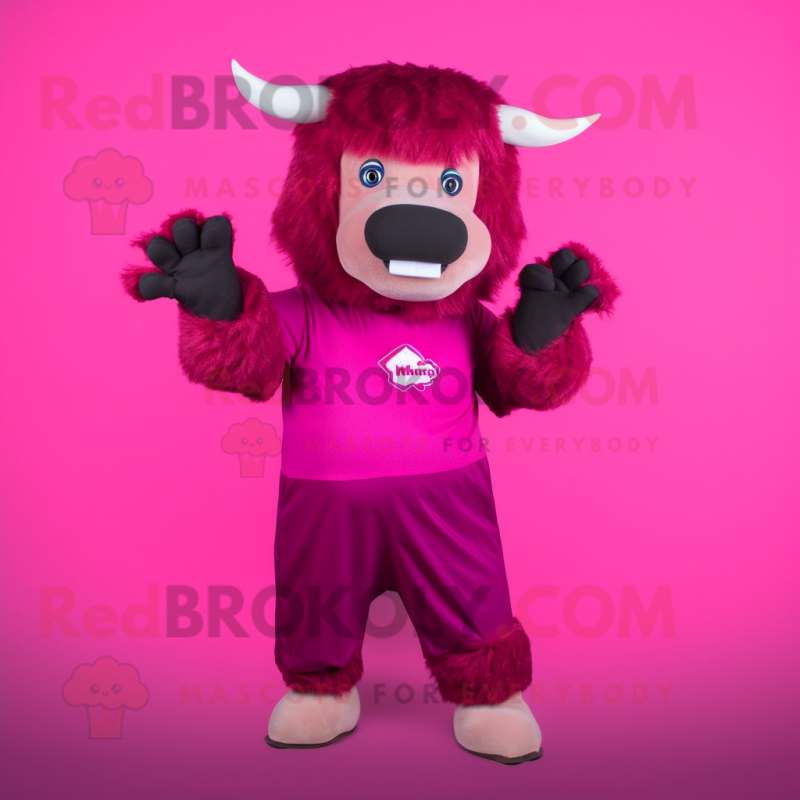 Magenta Buffalo mascot costume character dressed with a Bodysuit and Gloves Magenta Buffalo mascot costume character dressed with a Bodysuit and Gloves