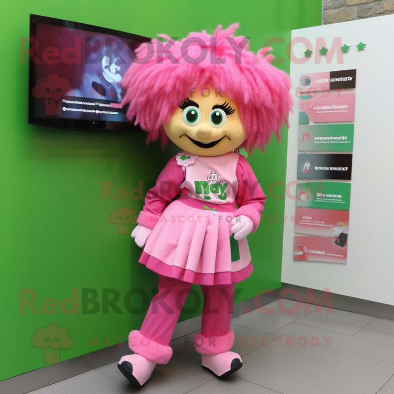 Pink Irish Flag mascot costume character dressed with a Jumpsuit and Hair clips Pink Irish Flag mascot costume character dressed with a Jumpsuit and Hair clips