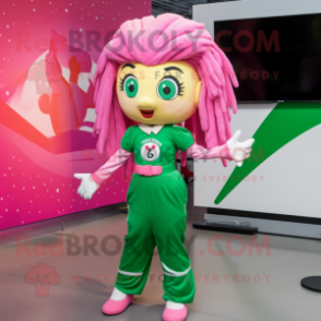 Pink Irish Flag mascot costume character dressed with a Jumpsuit and Hair clips