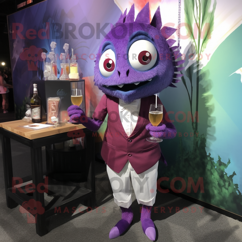 Purple Piranha mascot costume character dressed with a Cocktail Dress and Pocket squares Purple Piranha mascot costume character dressed with a Cocktail Dress and Pocket squares