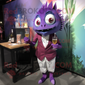 Purple Piranha mascot costume character dressed with a Cocktail Dress and Pocket squares