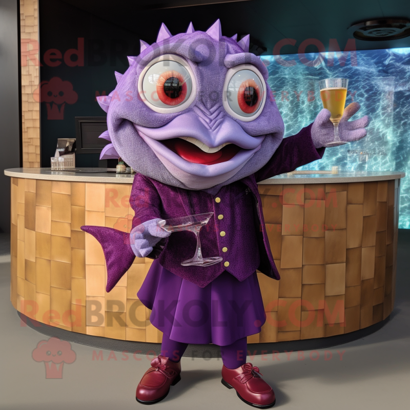 Purple Piranha mascot costume character dressed with a Cocktail Dress and Pocket squares