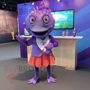 Purple Piranha mascot costume character dressed with a Cocktail Dress and Pocket squares