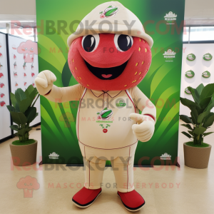 Beige Strawberry mascot costume character dressed with a Polo Shirt and Rings