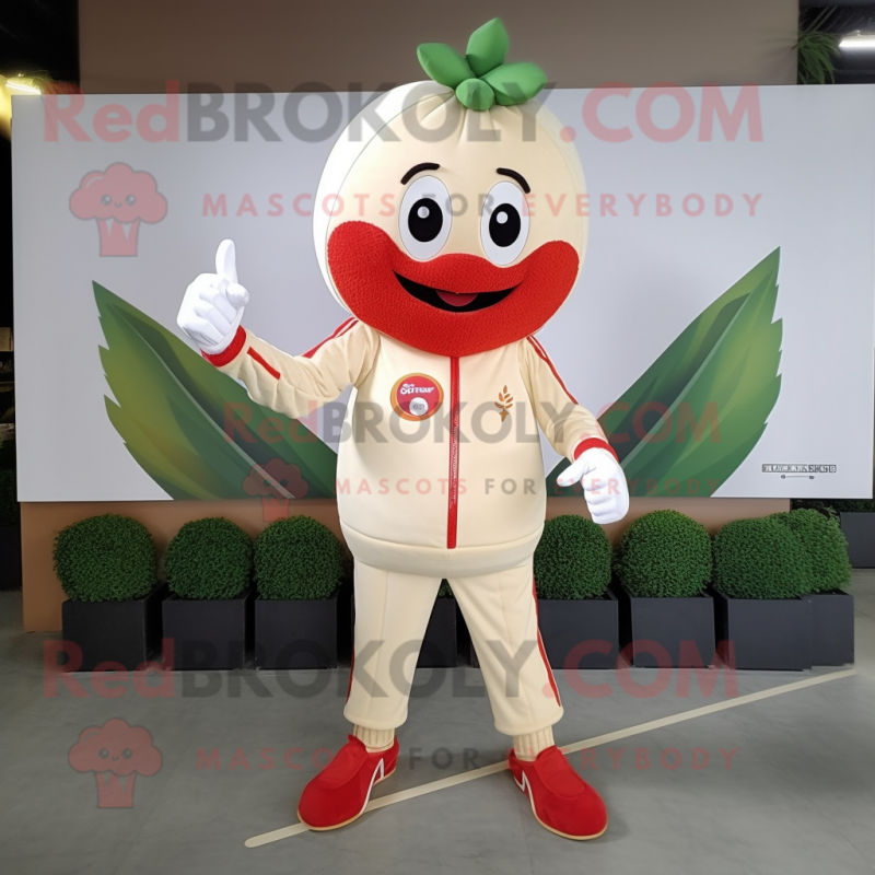 Beige Strawberry mascot costume character dressed with a Polo Shirt and Rings