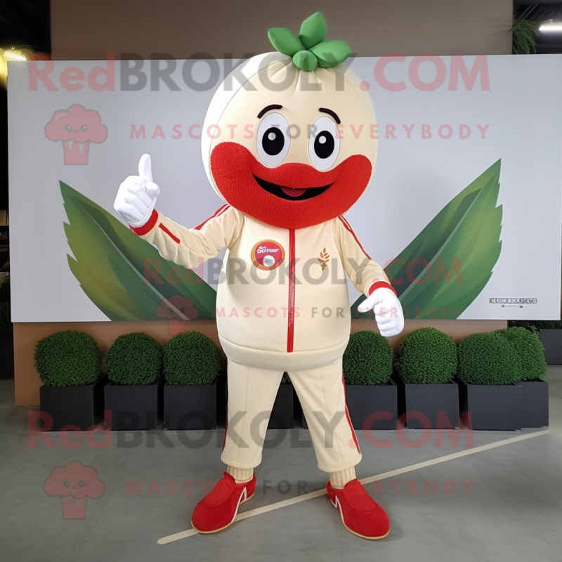 Beige Strawberry mascot costume character dressed with a Polo Shirt and Rings Beige Strawberry mascot costume character dressed with a Polo Shirt and Rings