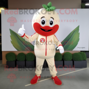 Beige Strawberry mascot costume character dressed with a Polo Shirt and Rings