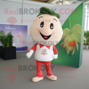 Beige Strawberry mascot costume character dressed with a Polo Shirt and Rings