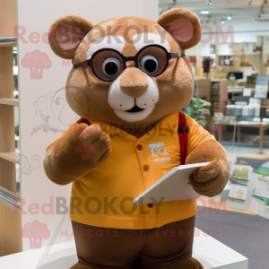 Brown Hamster mascot costume character dressed with a Polo Shirt and Reading glasses