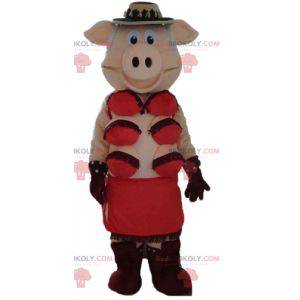 Mascotte de cochonne rose avec des sous-vêtements rouges -