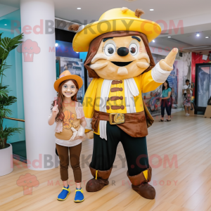 Yellow Pirate mascot costume character dressed with a Mom Jeans and Hats