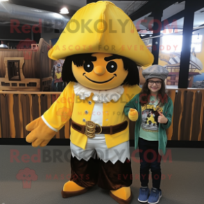 Yellow Pirate mascot costume character dressed with a Mom Jeans and Hats