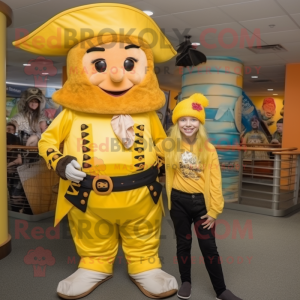 Yellow Pirate mascot costume character dressed with a Mom Jeans and Hats
