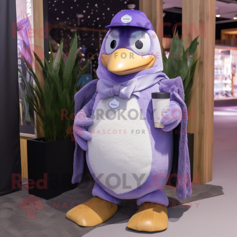Lavender Penguin mascot costume character dressed with a Flare Jeans and Belts