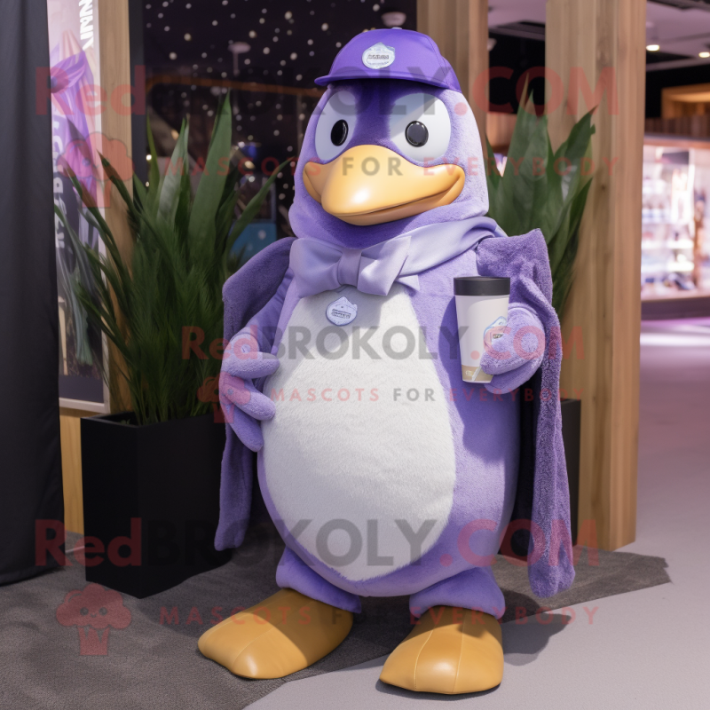 Lavender Penguin mascot costume character dressed with a Flare Jeans and Belts Lavender Penguin mascot costume character dressed with a Flare Jeans and Belts