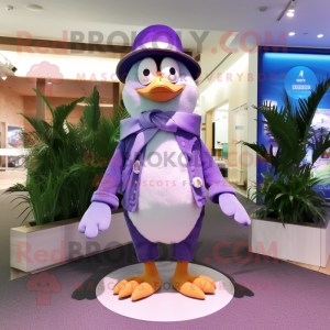 Lavender Penguin mascot costume character dressed with a Flare Jeans and Belts