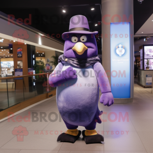 Lavender Penguin mascot costume character dressed with a Flare Jeans and Belts
