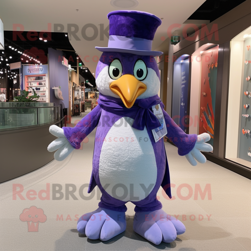 Lavender Penguin mascot costume character dressed with a Flare Jeans and Belts