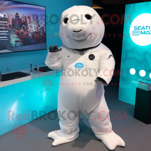 White Stellar'S Sea Cow mascot costume character dressed with a Bermuda Shorts and Smartwatches