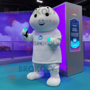 White Stellar'S Sea Cow mascot costume character dressed with a Bermuda Shorts and Smartwatches