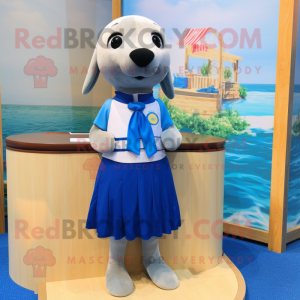 Blue Seal mascot costume character dressed with a Skirt and Ties