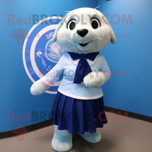 Blue Seal mascot costume character dressed with a Skirt and Ties