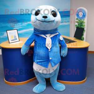 Blue Seal mascot costume character dressed with a Skirt and Ties