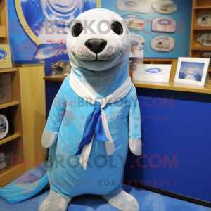Blue Seal mascot costume character dressed with a Skirt and Ties