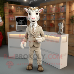 Beige Goat mascot costume character dressed with a Blazer and Pocket squares