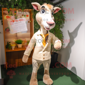 Beige Goat mascot costume character dressed with a Blazer and Pocket squares