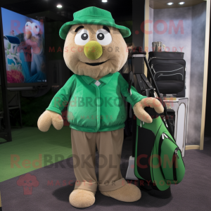 Green Golf Bag mascot costume character dressed with a Corduroy Pants and Briefcases
