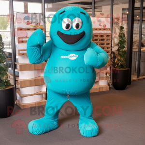 Turquoise Boxing Glove mascot costume character dressed with a Jumpsuit and Clutch bags